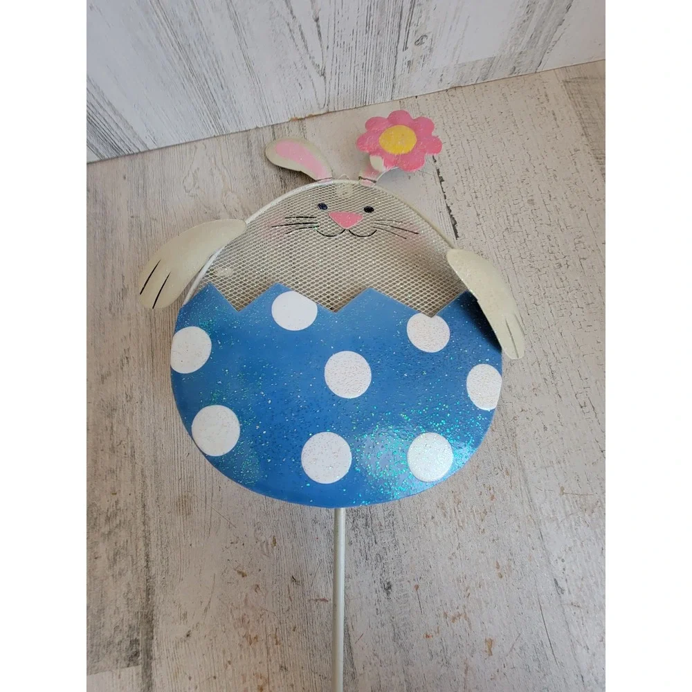 Vintage blue bunny egg polka dot lawn home decor spring flower metal rabbit
